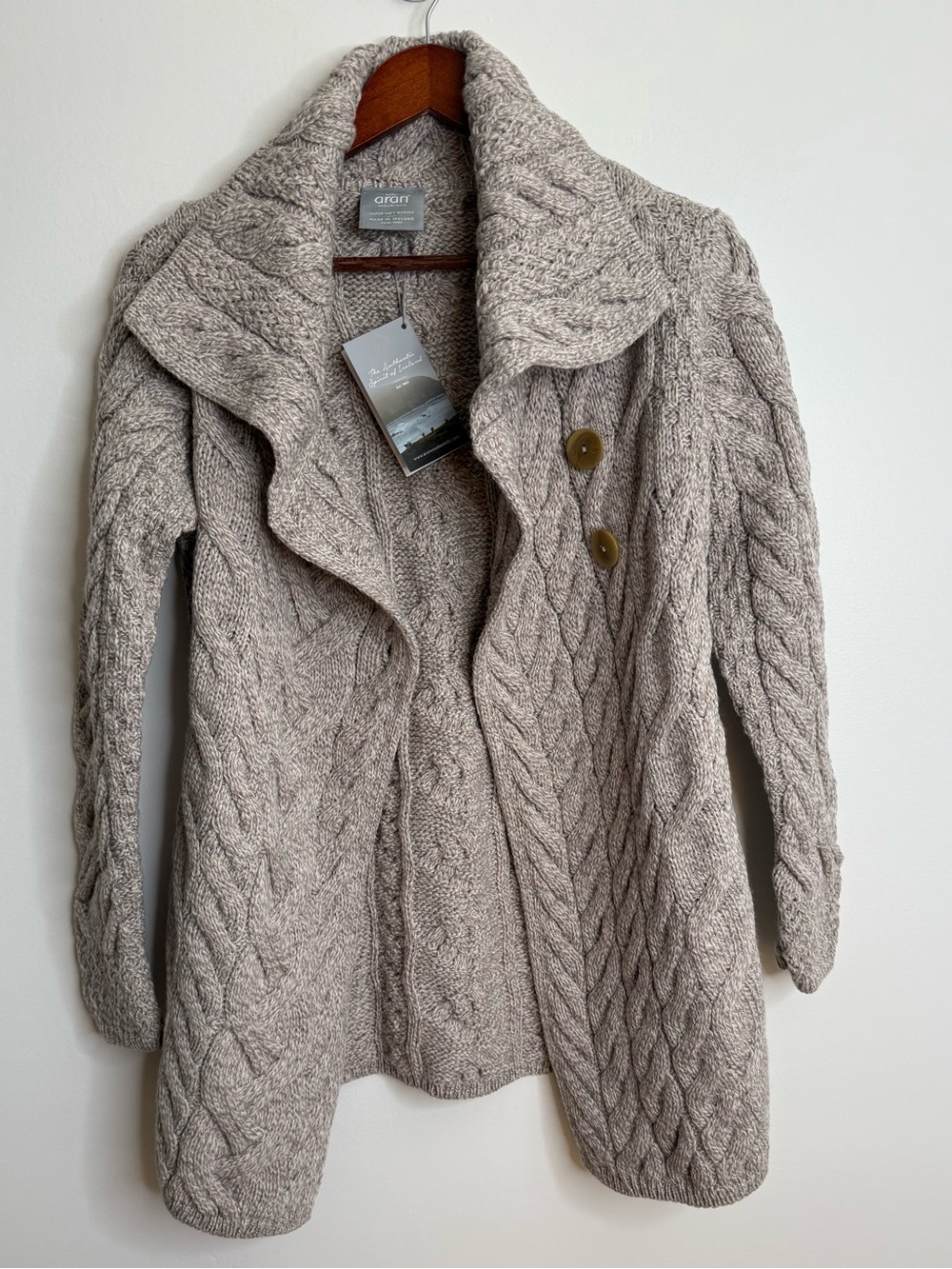 Aran Cable Knit Button-Front Cardigan in Light Taupe